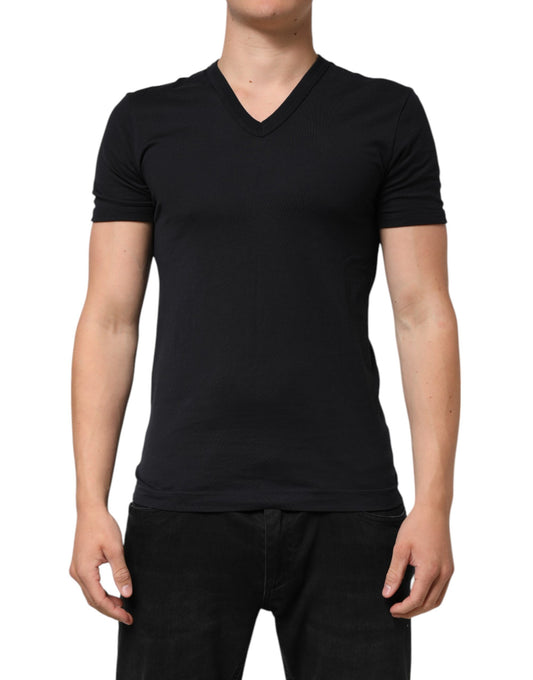 Dolce & Gabbana Schwarzes einfarbiges Baumwoll-T-Shirt mit V-Ausschnitt für Männer