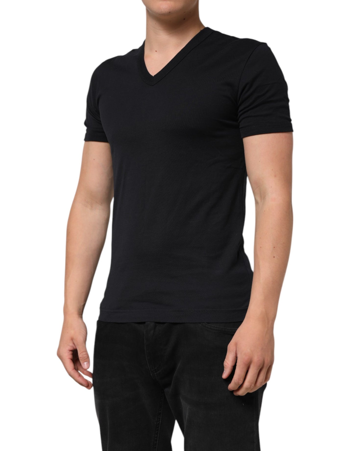 Dolce & Gabbana Schwarzes einfarbiges Baumwoll-T-Shirt mit V-Ausschnitt für Männer