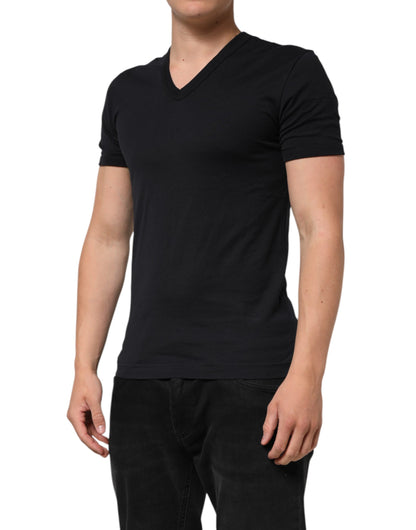 Dolce & Gabbana Schwarzes einfarbiges Baumwoll-T-Shirt mit V-Ausschnitt für Männer