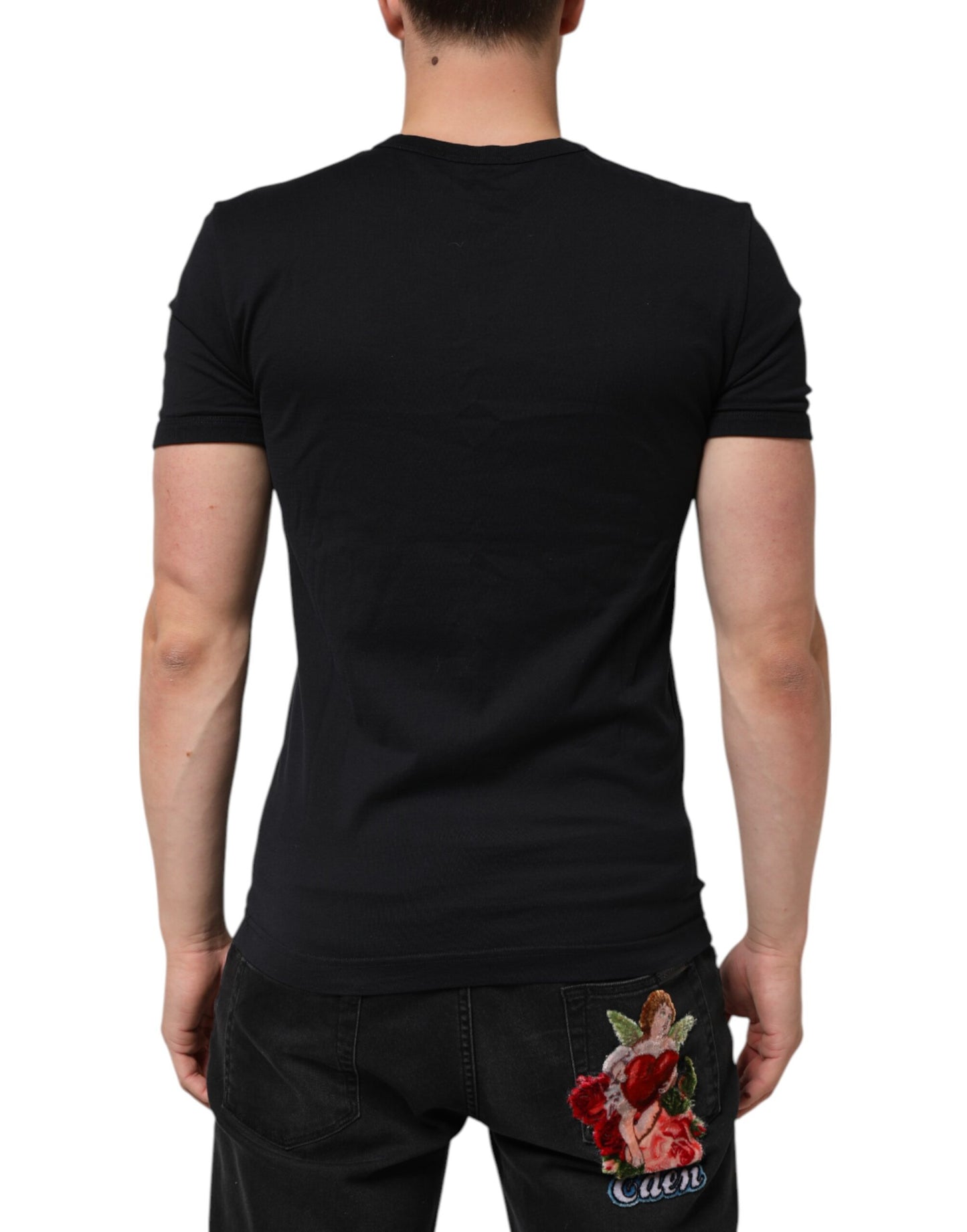 Dolce & Gabbana Schwarzes einfarbiges Baumwoll-T-Shirt mit V-Ausschnitt für Männer