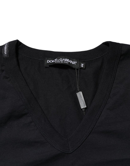 Dolce & Gabbana Schwarzes einfarbiges Baumwoll-T-Shirt mit V-Ausschnitt für Männer