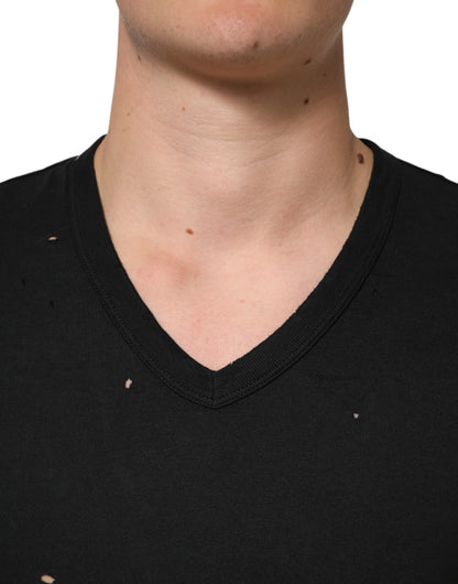 Dolce & Gabbana Schwarzes T-Shirt mit zerfetztem Logo aus Baumwolle mit V-Ausschnitt für Männer