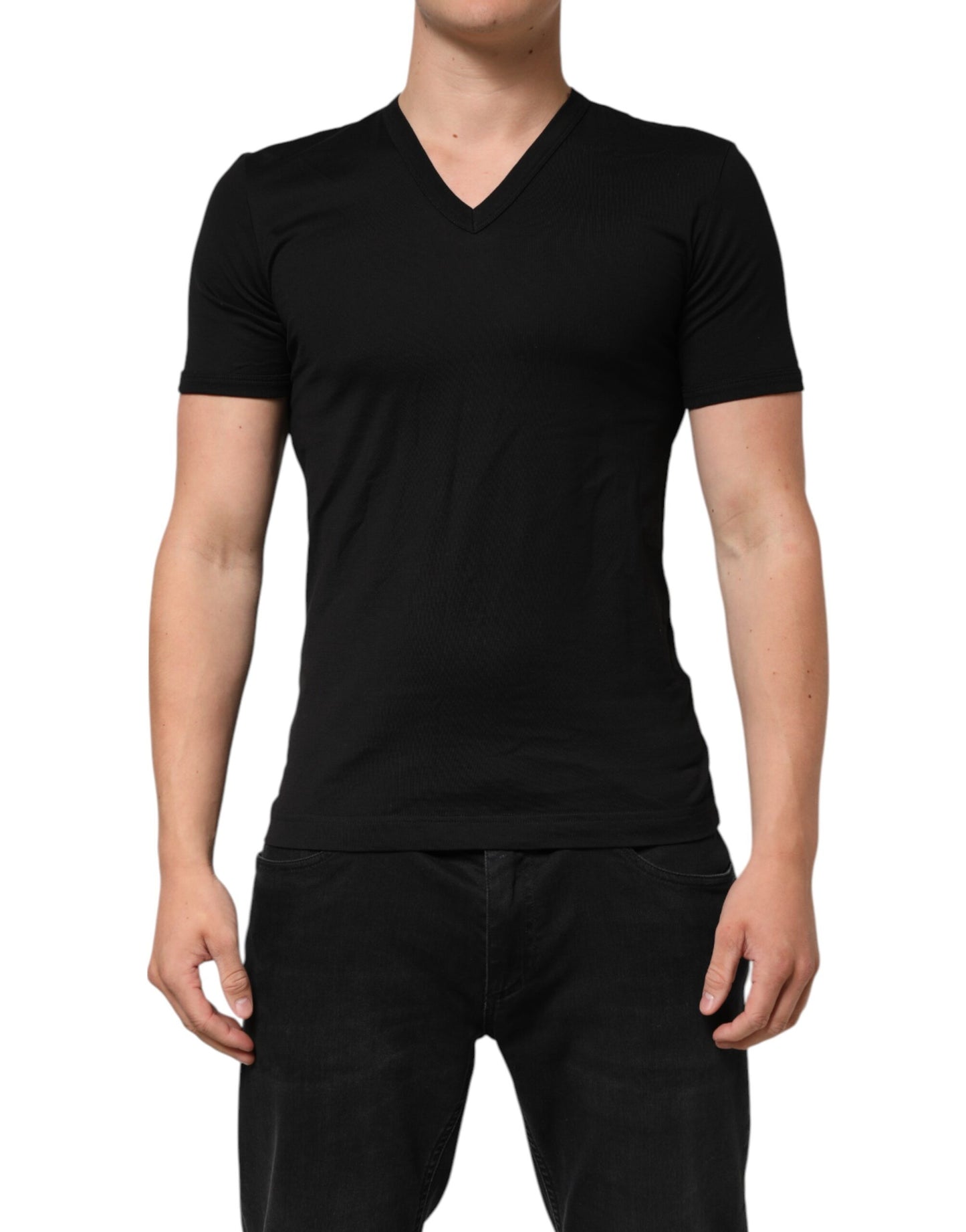 Dolce & Gabbana Schwarzes einfarbiges Baumwoll-T-Shirt mit V-Ausschnitt für Männer