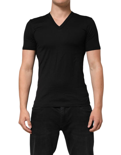 Dolce & Gabbana Schwarzes einfarbiges Baumwoll-T-Shirt mit V-Ausschnitt für Männer