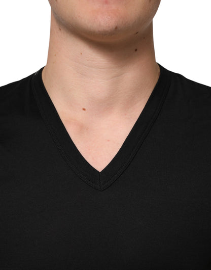 Dolce & Gabbana Schwarzes einfarbiges Baumwoll-T-Shirt mit V-Ausschnitt für Männer