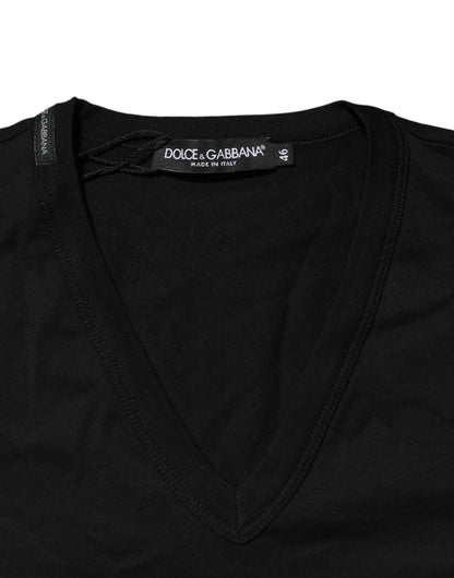 Dolce & Gabbana Schwarzes einfarbiges Baumwoll-T-Shirt mit V-Ausschnitt für Männer
