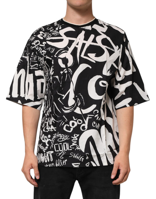 Dolce & Gabbana Schwarz-Weißes Graffiti-T-Shirt aus Baumwolle in Übergröße