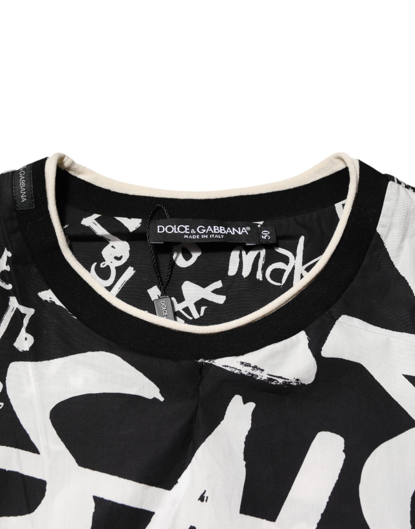 Dolce & Gabbana Schwarz-Weißes Graffiti-T-Shirt aus Baumwolle in Übergröße