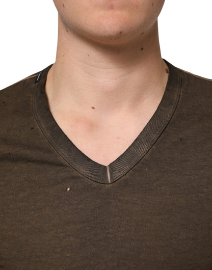 Dolce & Gabbana Dunkelbraunes T-Shirt mit zerfetztem Logo aus Baumwolle für Männer