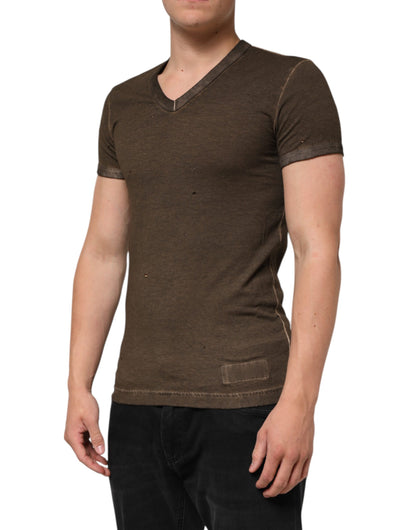 Dolce & Gabbana Dunkelbraunes T-Shirt mit zerfetztem Logo aus Baumwolle für Männer