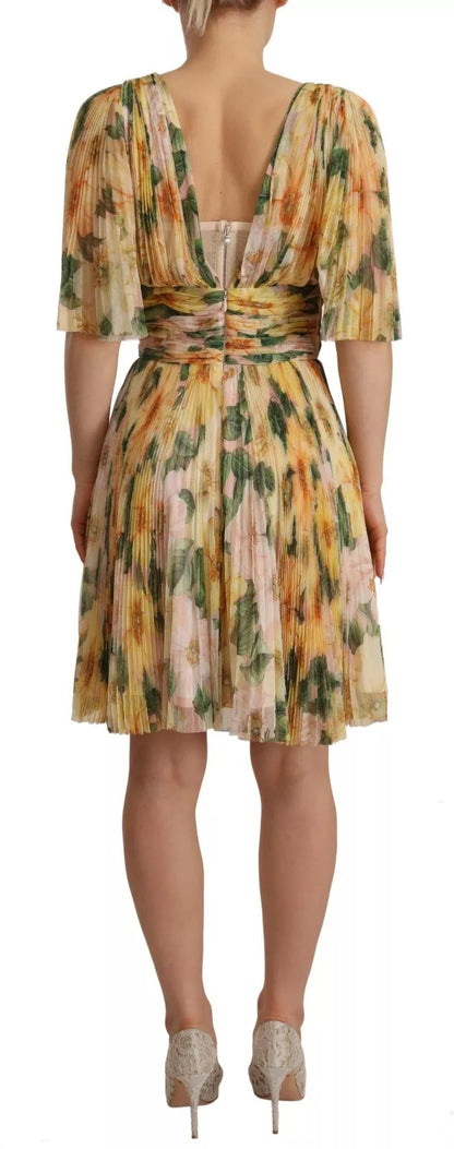 Dolce & Gabbana Gelbes Maxikleid mit Blumendruck und Plissee