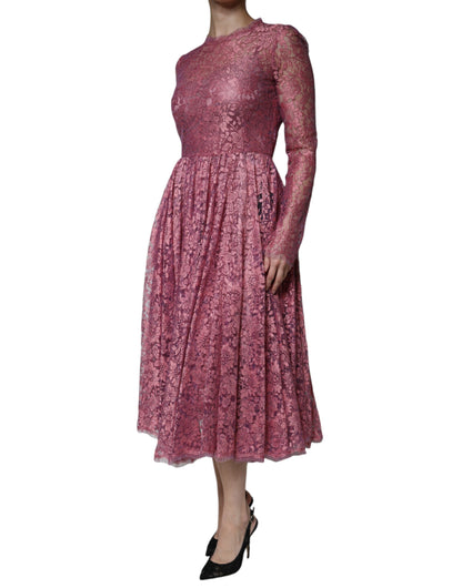 Dolce & Gabbana Rosa geblümtes langärmeliges Midikleid aus Spitze