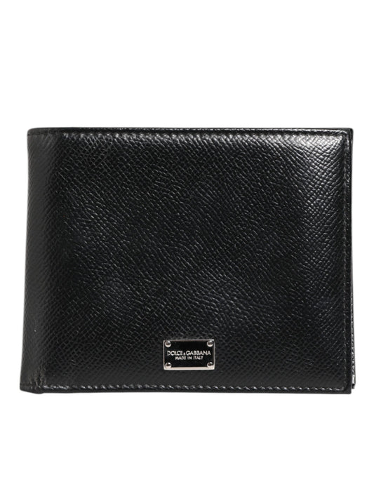Dolce & Gabbana Schwarzes Leder Plaque Logo Bifold Männer Kartenhalter Brieftasche