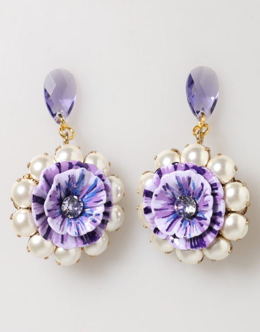 Dolce & Gabbana Lila Blumen Kristall Perle Tropfen Clip-On Statement Ohrringe