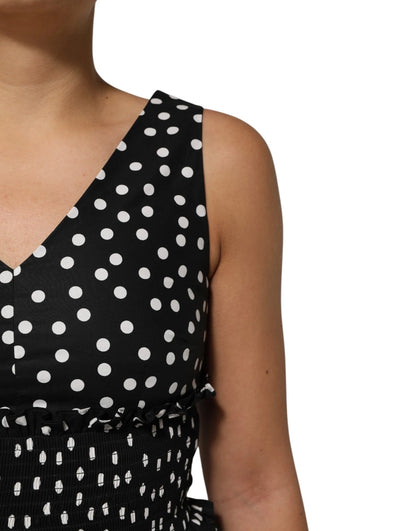 Dolce & Gabbana Schwarz Weiß Baumwolle Polka Dot Print V-Ausschnitt Kleid