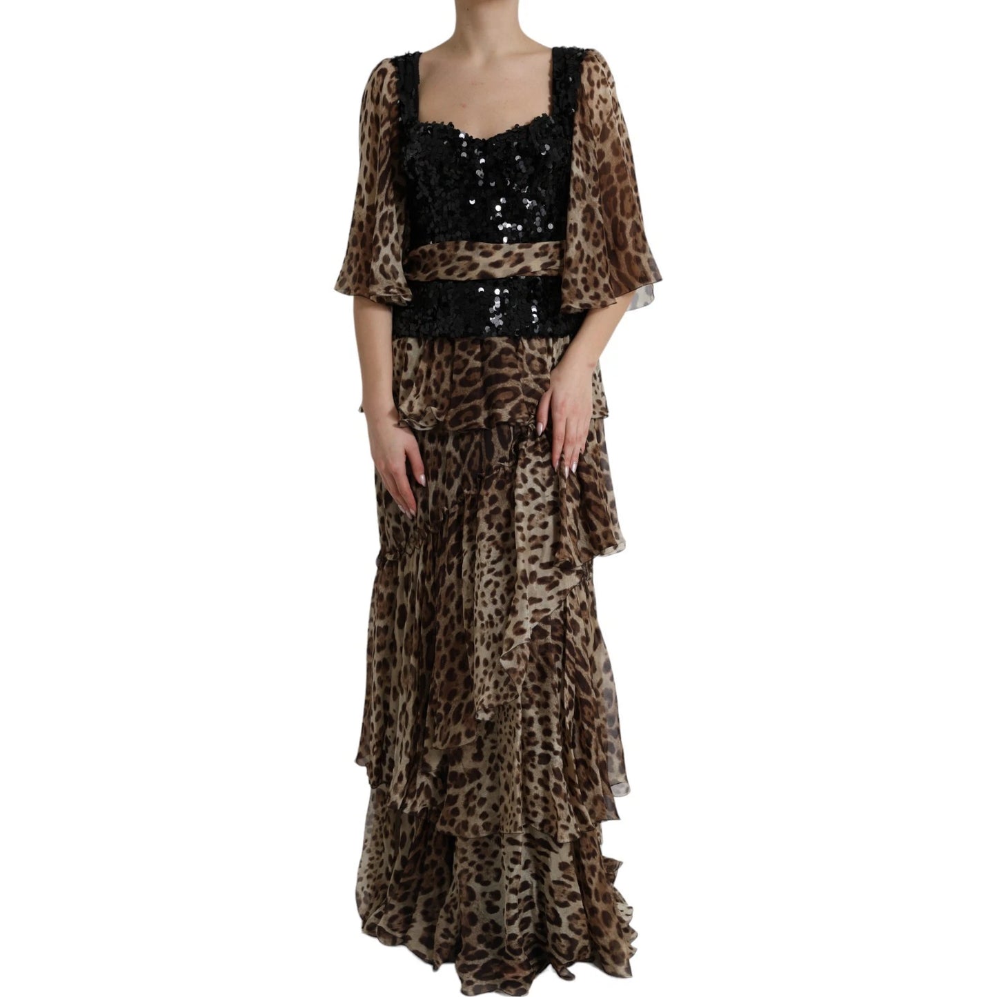 Dolce & Gabbana Leopardenmuster Seidenpailletten-Rüschen-Maxikleid