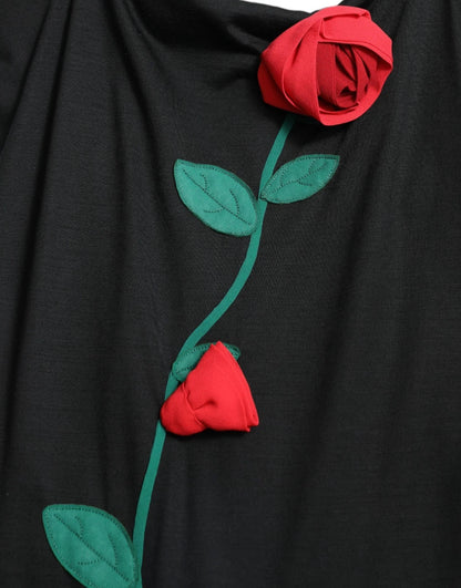 Dolce & Gabbana Schwarzes ärmelloses Kleid mit Rosenapplikationen aus Wolle