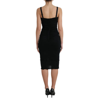 Dolce & Gabbana Schwarzes ärmelloses Kleid mit Rosenapplikationen aus Wolle