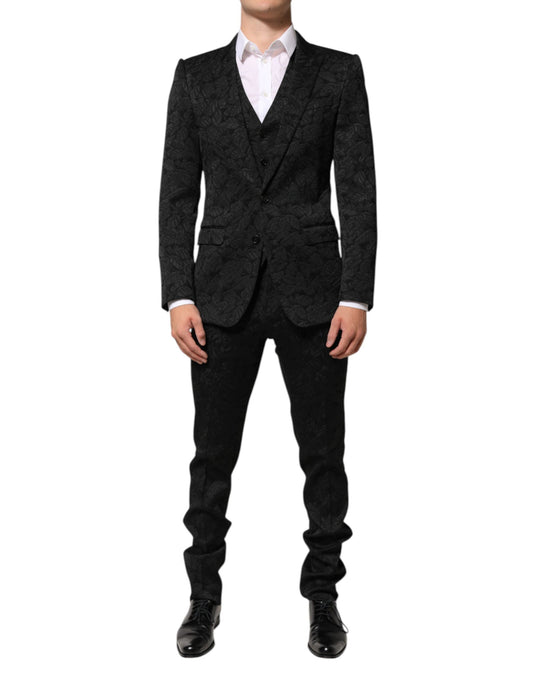 Dolce & Gabbana Schwarzer 3-teiliger Brokat-Jacquard-Anzug MARTINI