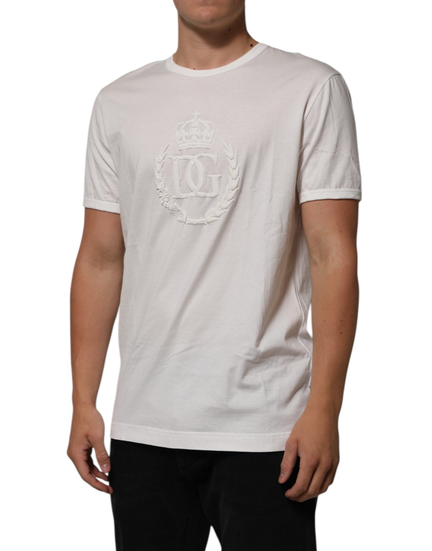 Dolce & Gabbana Weißes Baumwoll-T-Shirt mit geprägter DG-Krone für Männer