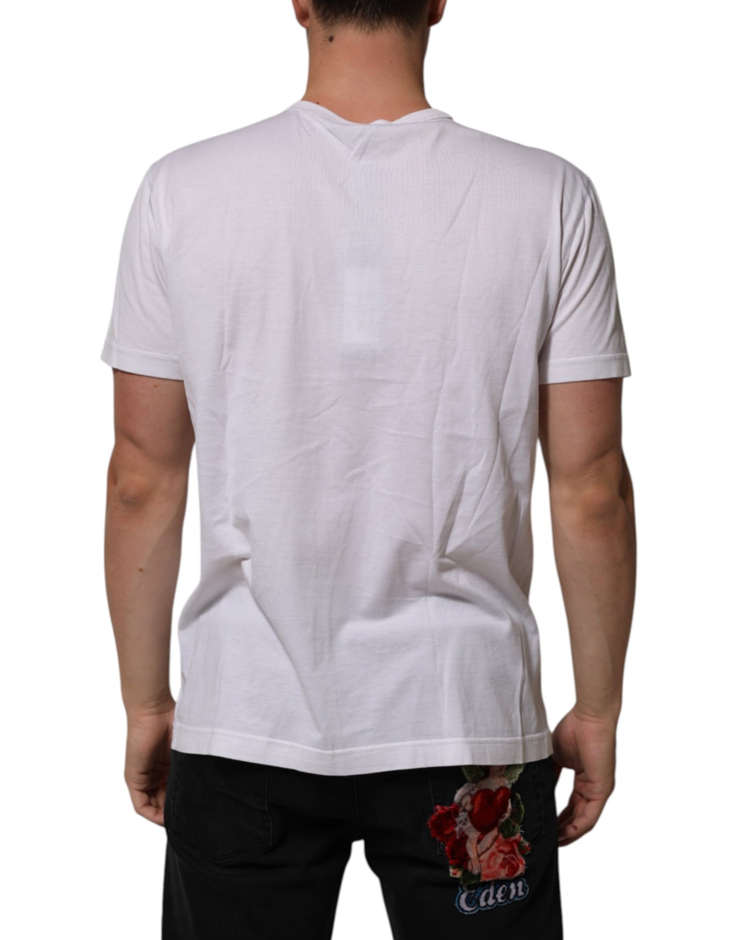 Dolce & Gabbana Weißes Baumwoll-Logo-Patch Rundhalsausschnitt Herren-T-Shirt