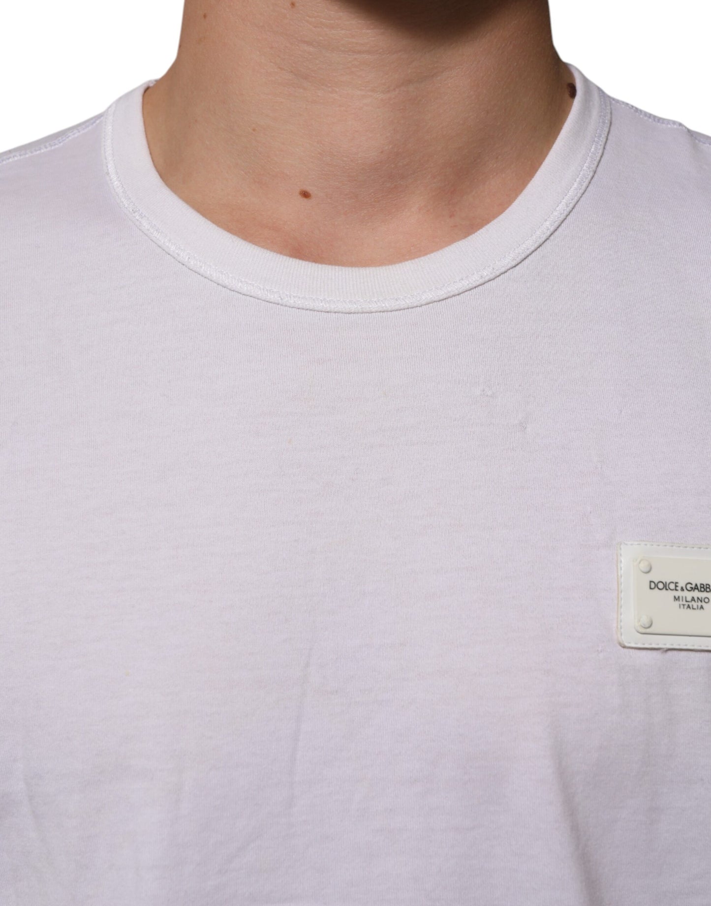 Dolce & Gabbana Weißes Baumwoll-Logo-Patch Rundhalsausschnitt Herren-T-Shirt