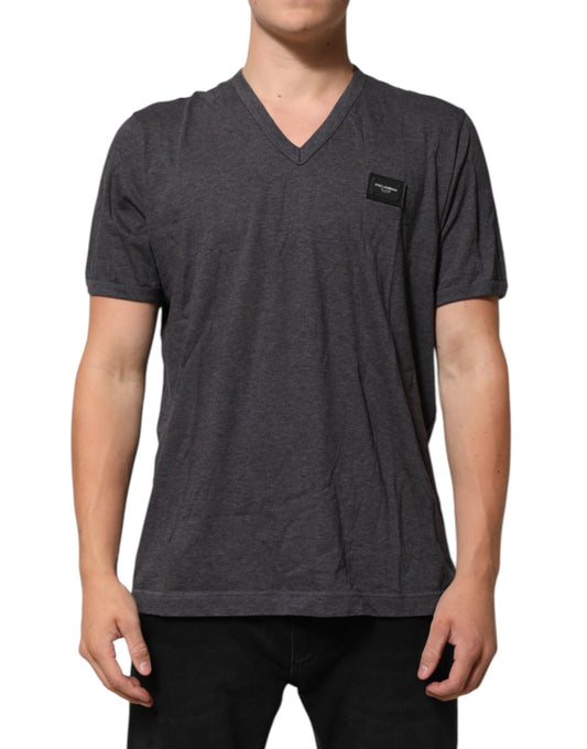 Dolce & Gabbana Graues T-Shirt mit V-Ausschnitt aus Baumwolle und Logo-Plakette in Melange-Optik