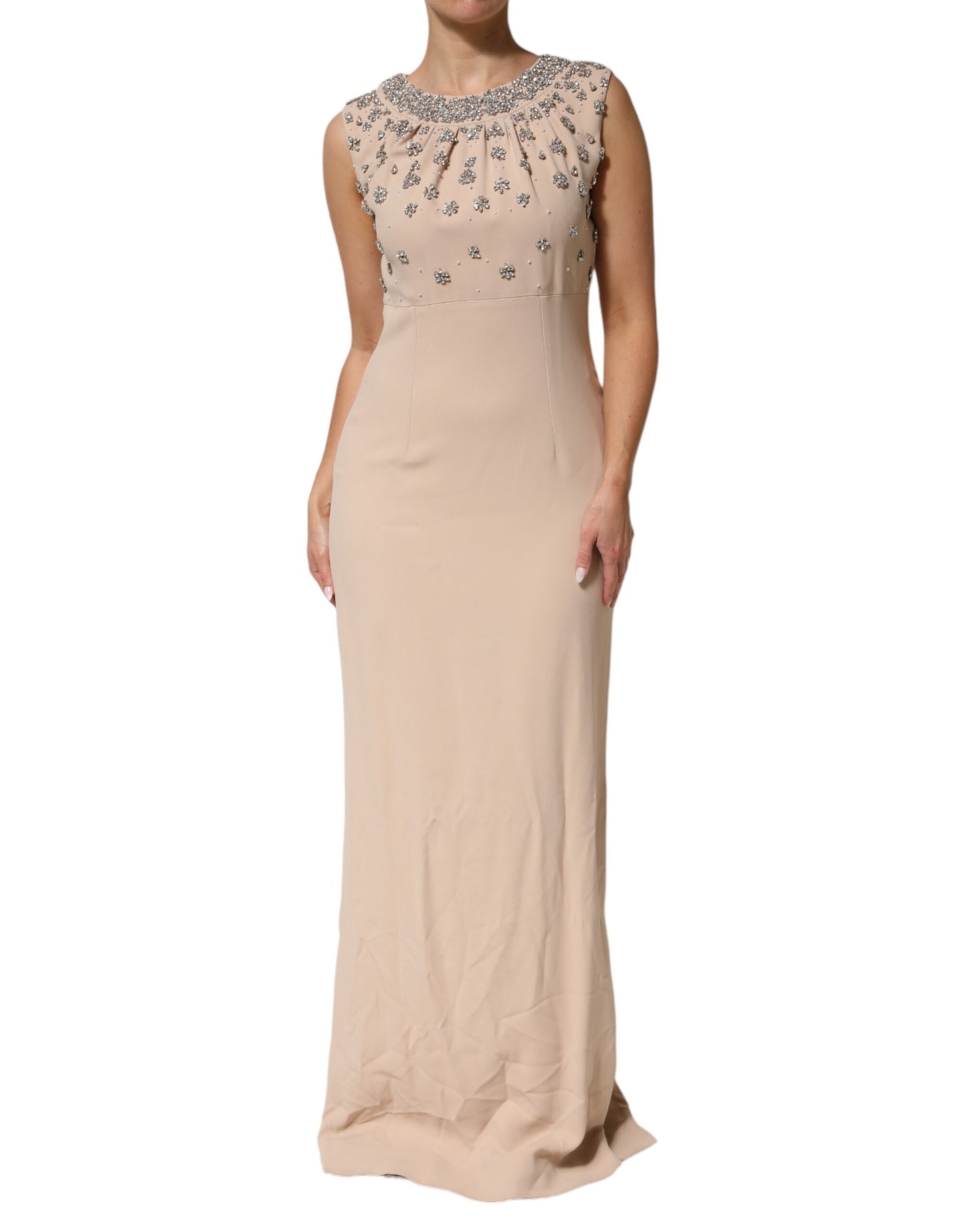 Dolce & Gabbana Nude Ecru Perlenbesetztes Kleid mit Kristallverzierung
