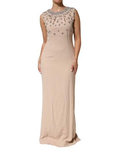 Dolce & Gabbana Nude Ecru Perlenbesetztes Kleid mit Kristallverzierung