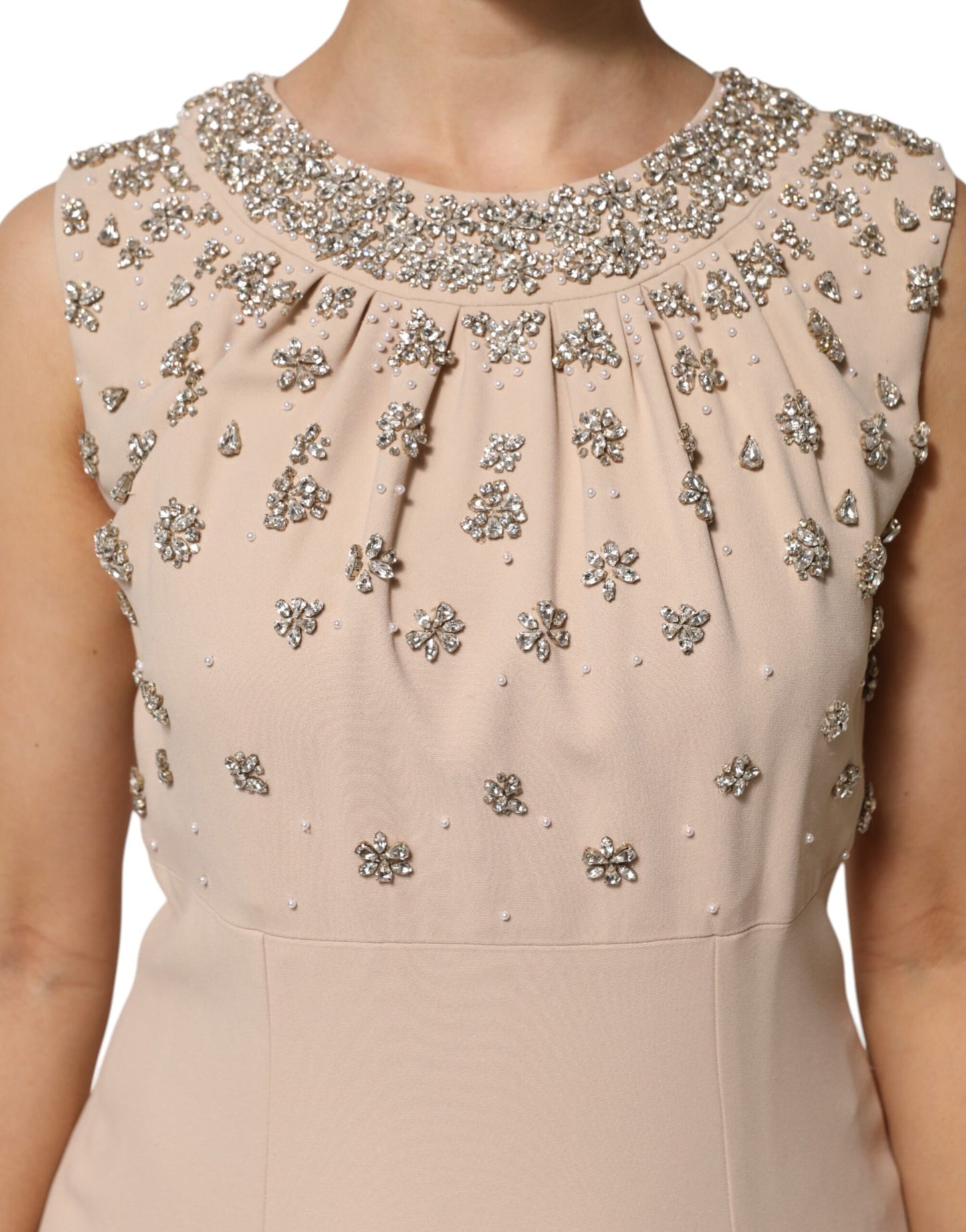 Dolce & Gabbana Nude Ecru Perlenbesetztes Kleid mit Kristallverzierung