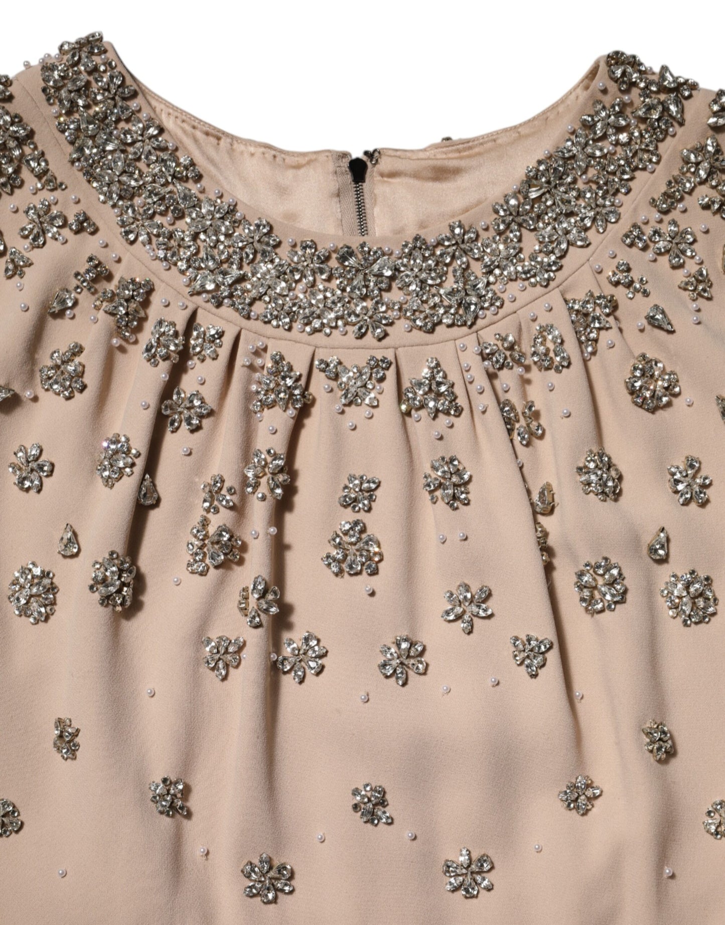 Dolce & Gabbana Nude Ecru Perlenbesetztes Kleid mit Kristallverzierung