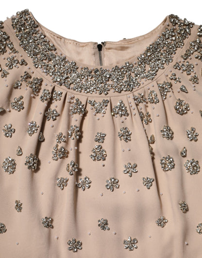 Dolce & Gabbana Nude Ecru Perlenbesetztes Kleid mit Kristallverzierung