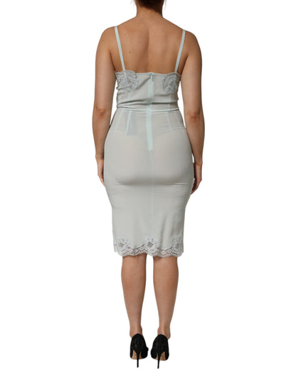 Dolce & Gabbana Hellblaues Midi-Bodycon-Slipkleid aus Seidenspitze