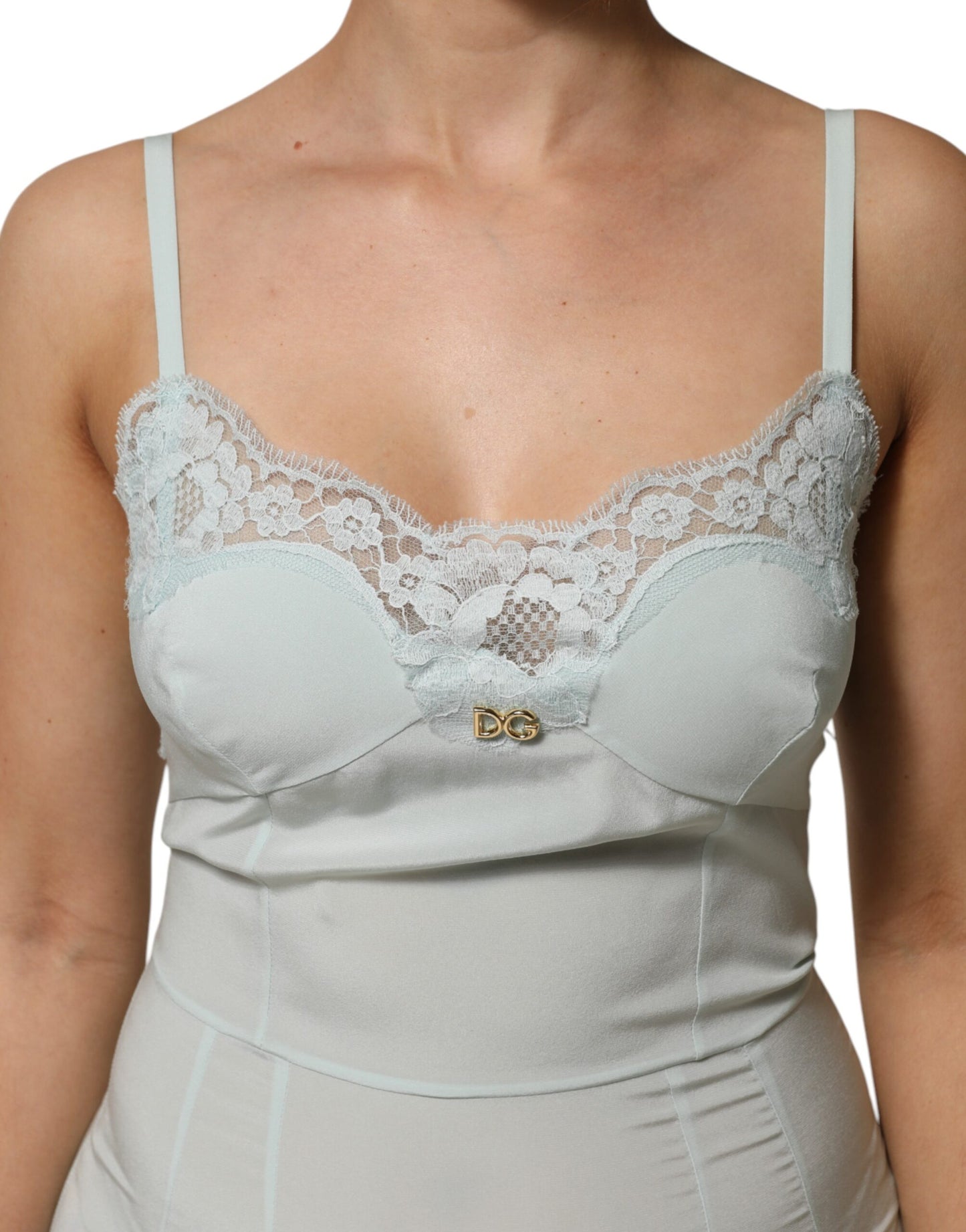 Dolce & Gabbana Hellblaues Midi-Bodycon-Slipkleid aus Seidenspitze