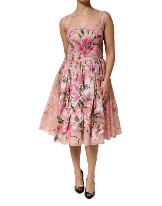 Dolce & Gabbana Rosa geblümtes ärmelloses Kleid aus Baumwolle mit Falten