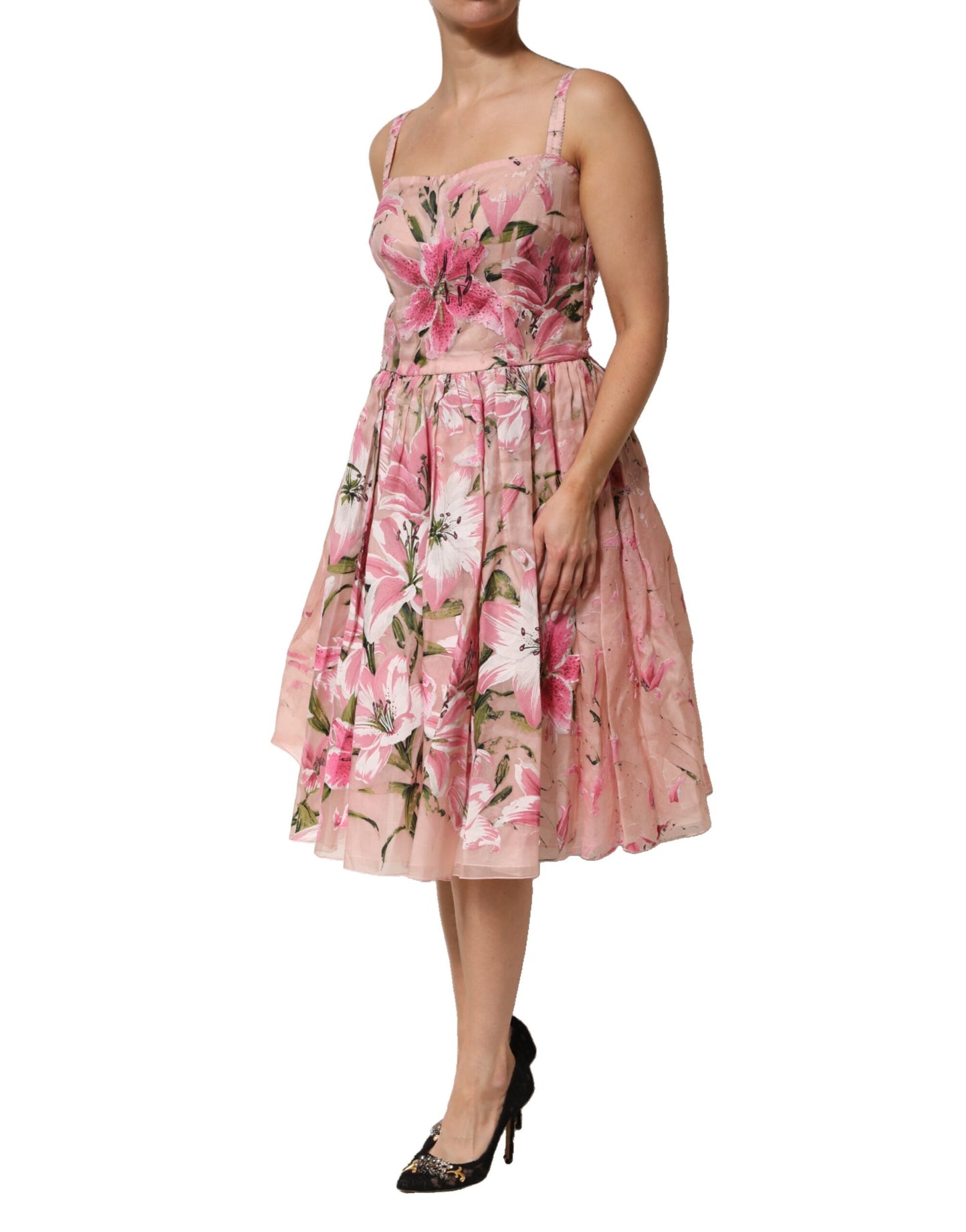Dolce & Gabbana Rosa geblümtes ärmelloses Kleid aus Baumwolle mit Falten