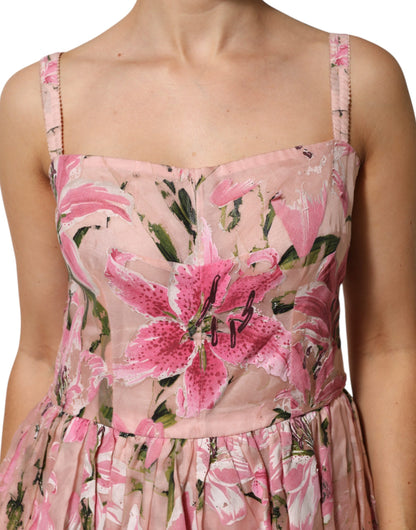 Dolce & Gabbana Rosa geblümtes ärmelloses Kleid aus Baumwolle mit Falten