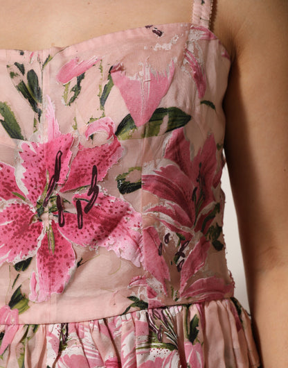 Dolce & Gabbana Rosa geblümtes ärmelloses Kleid aus Baumwolle mit Falten
