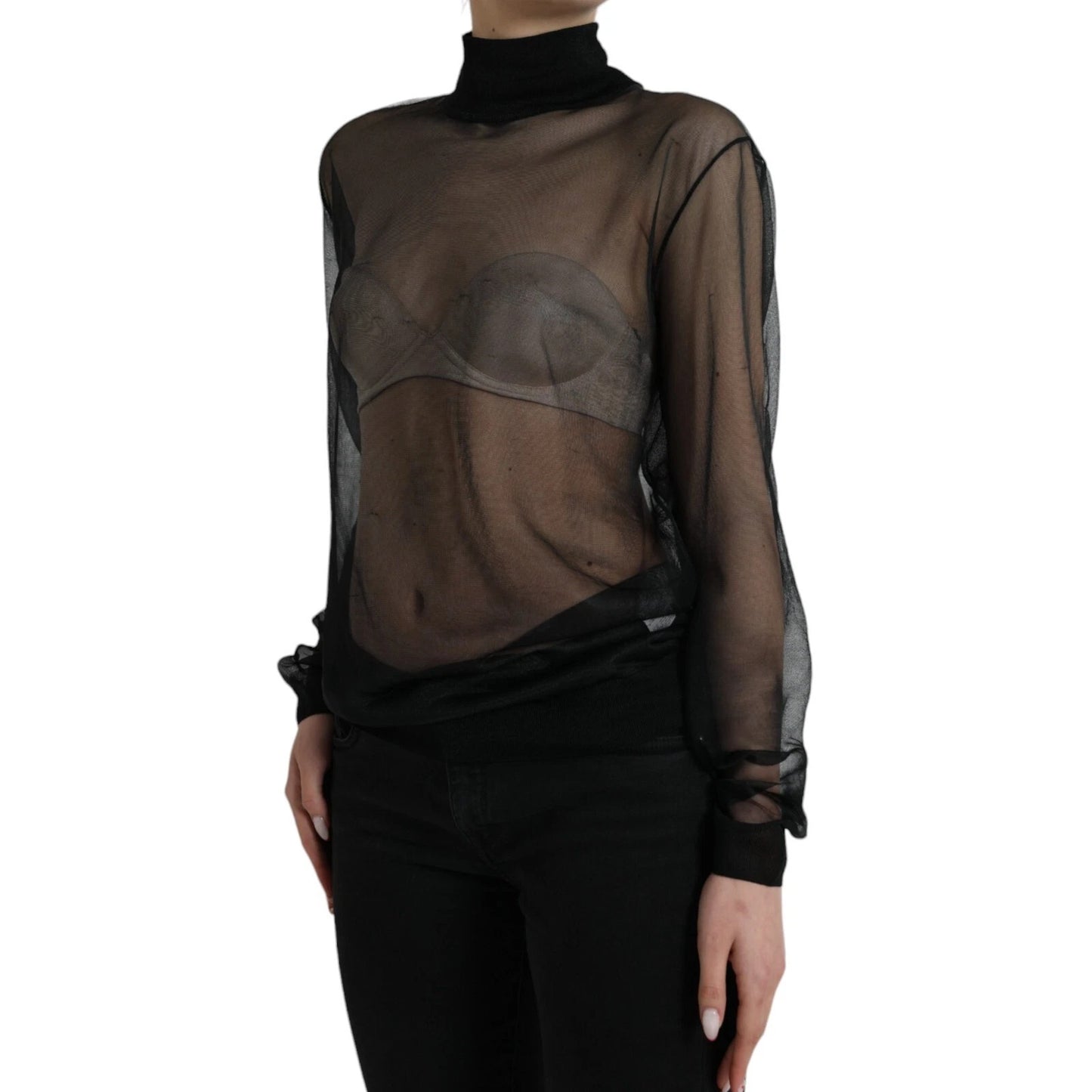 Dolce & Gabbana Schwarzes Netz-Rollkragen-Top mit durchsichtiger Bluse