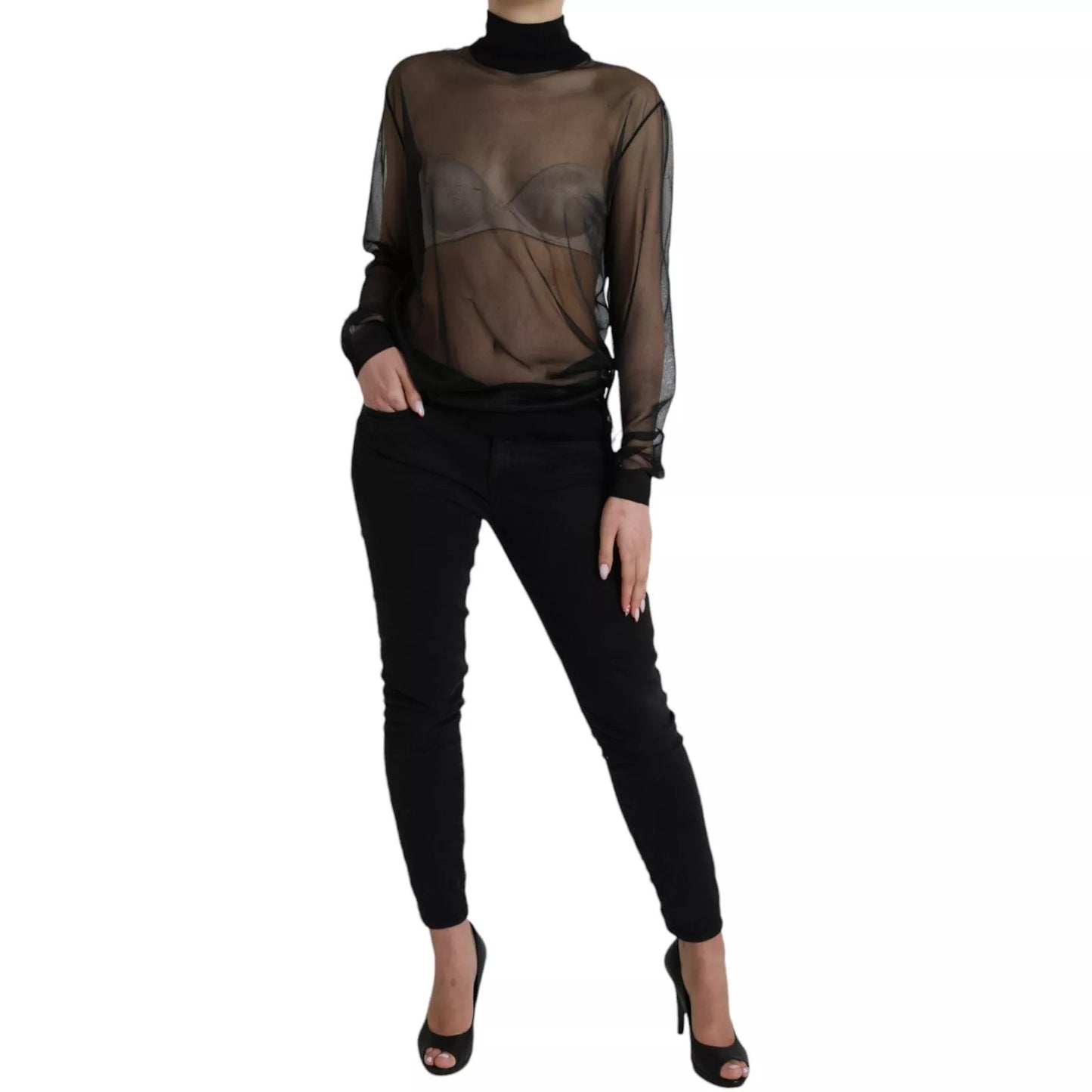 Dolce & Gabbana Schwarzes Netz-Rollkragen-Top mit durchsichtiger Bluse