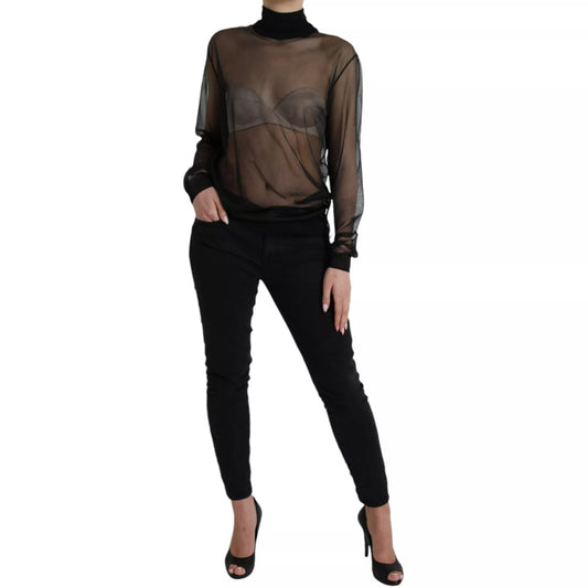 Dolce & Gabbana Schwarzes Netz-Rollkragen-Top mit durchsichtiger Bluse