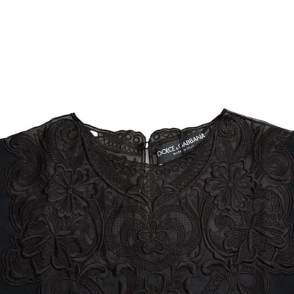 Dolce & Gabbana Schwarzes Seidenblusentop mit Spitzenbesatz und langen Ärmeln