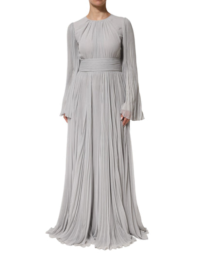 Dolce & Gabbana Graues plissiertes Maxikleid mit langen Ärmeln aus Seidenmischung