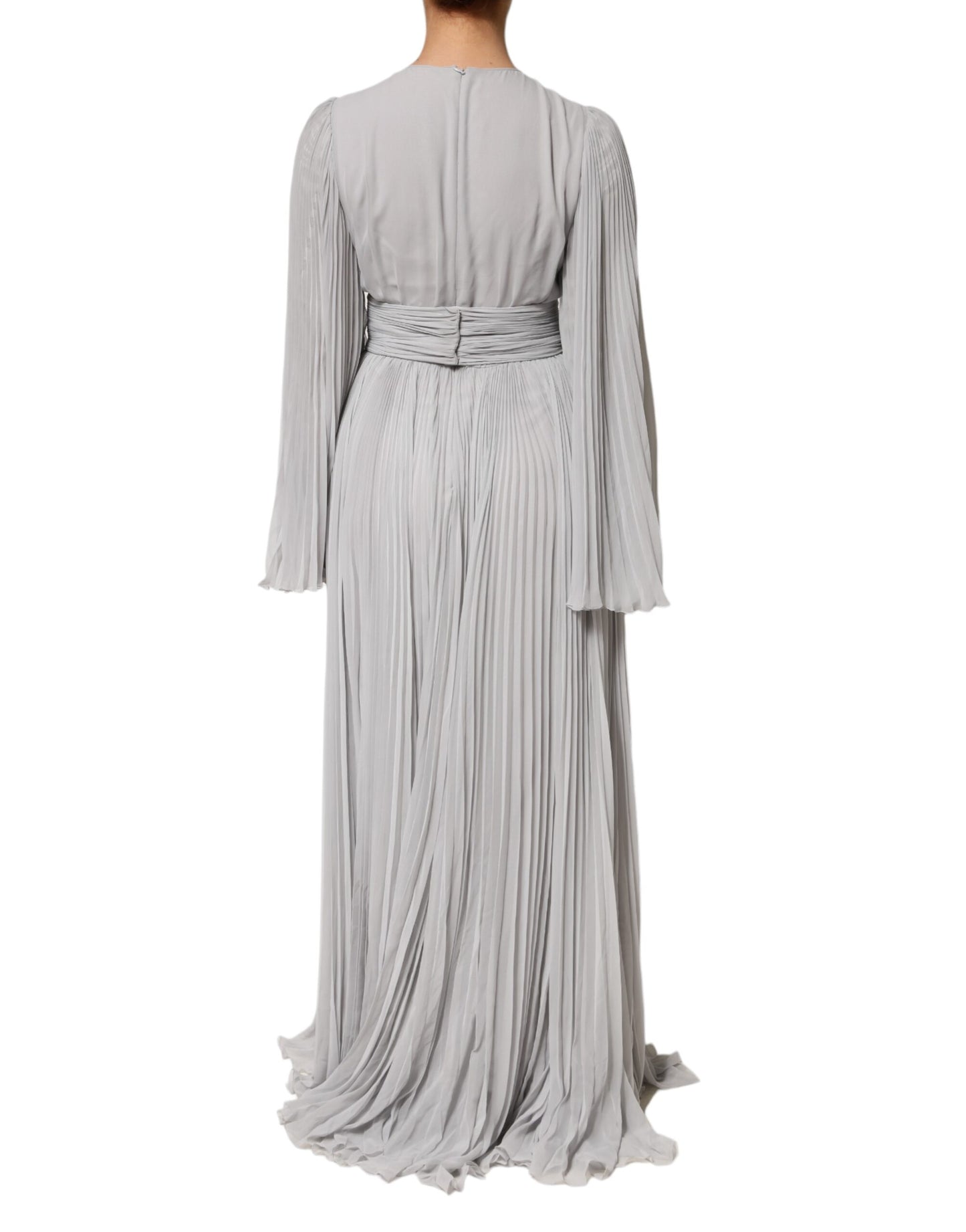 Dolce & Gabbana Graues plissiertes Maxikleid mit langen Ärmeln aus Seidenmischung
