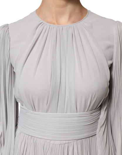 Dolce & Gabbana Graues plissiertes Maxikleid mit langen Ärmeln aus Seidenmischung