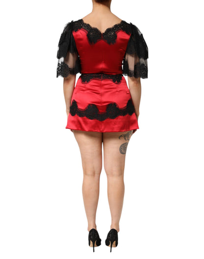 Dolce & Gabbana Rot-schwarzes Seiden-Spitzen-Minikleid mit kurzen Ärmeln