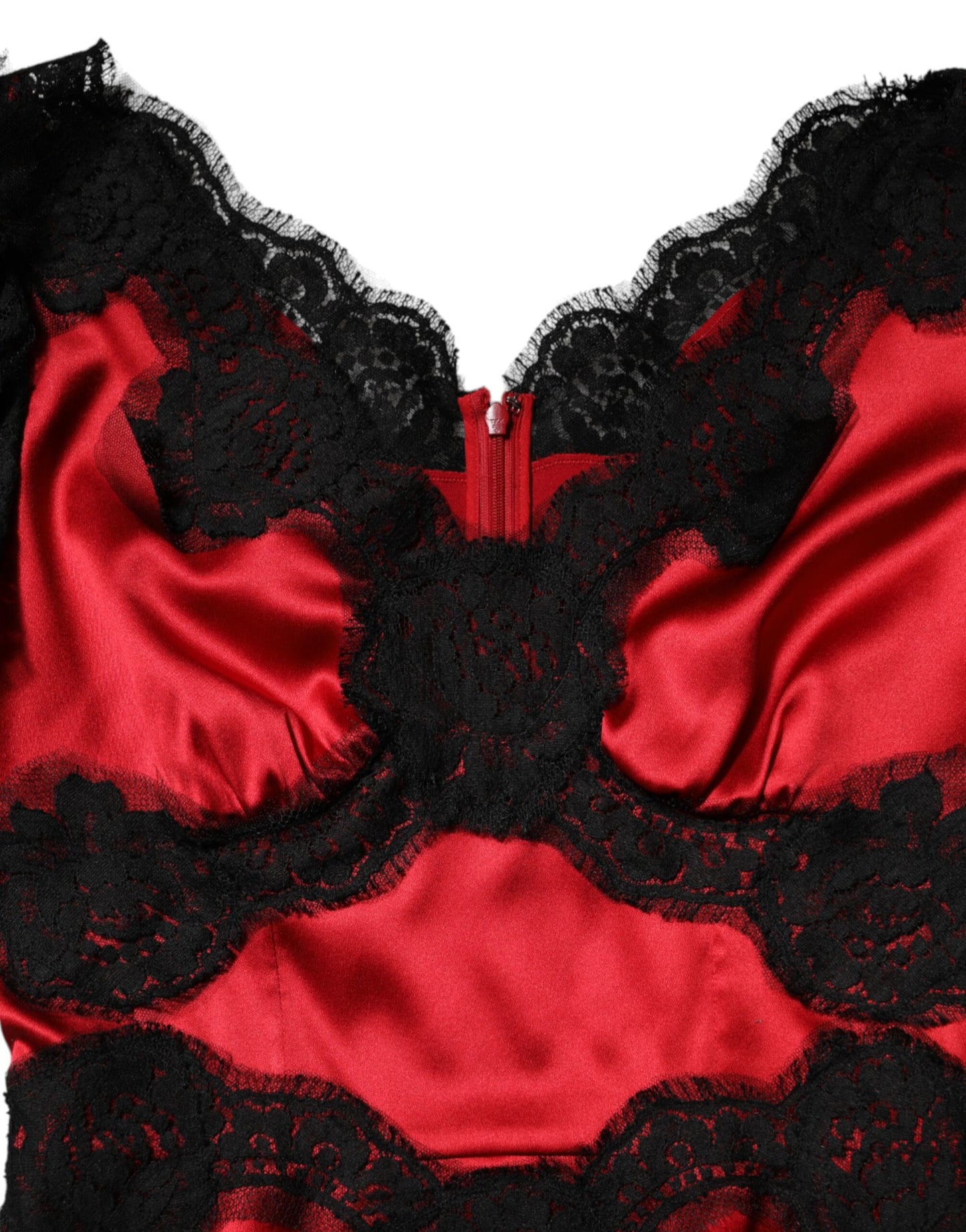 Dolce & Gabbana Rot-schwarzes Seiden-Spitzen-Minikleid mit kurzen Ärmeln