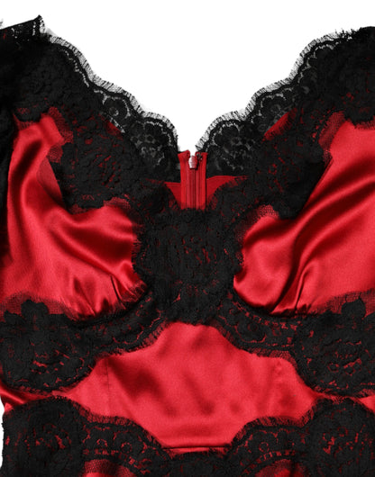 Dolce & Gabbana Rot-schwarzes Seiden-Spitzen-Minikleid mit kurzen Ärmeln