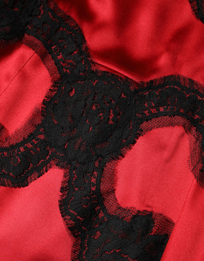 Dolce & Gabbana Rot-schwarzes Seiden-Spitzen-Minikleid mit kurzen Ärmeln