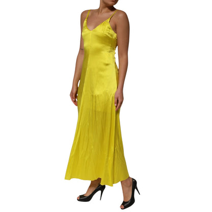 Tonello Gelbes Seiden-Satin-Slip-Maxi-Kleid mit Spaghetti-Trägern
